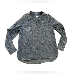 Liz Claiborne Chambray Blue Paisley Patterned Button Tunic Blouse Size L